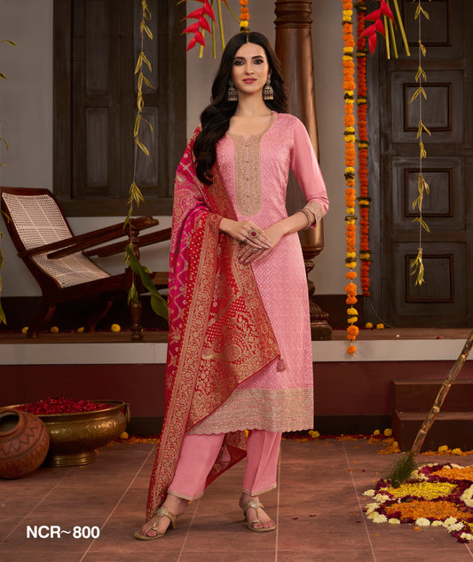 Soft Pink Jacquard Salwar Kameez with Red Banarasi Dupatta – Festive Ethnic Suit Set for Women
