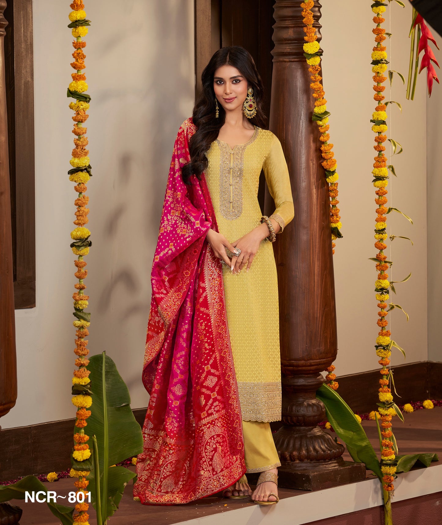 Mustard Yellow Jacquard Salwar Kameez with Pink Banarasi Dupatta – Festive Ethnic Suit Set for Women