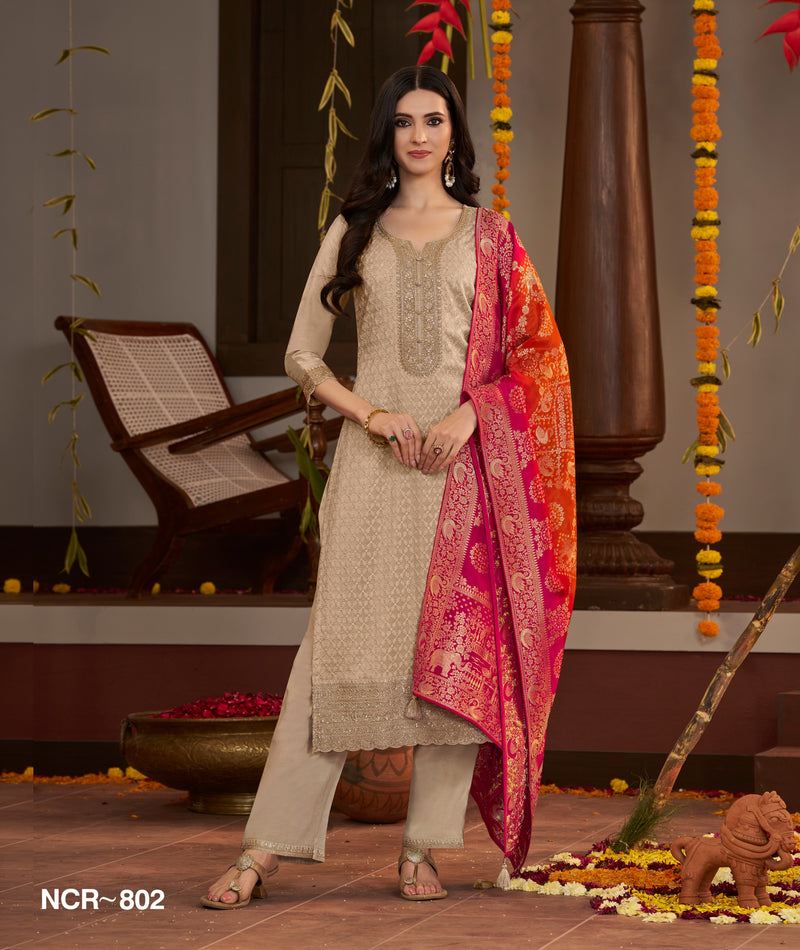Champagne Beige Jacquard Salwar Kameez with Pink Banarasi Dupatta – Festive Ethnic Suit Set for Women