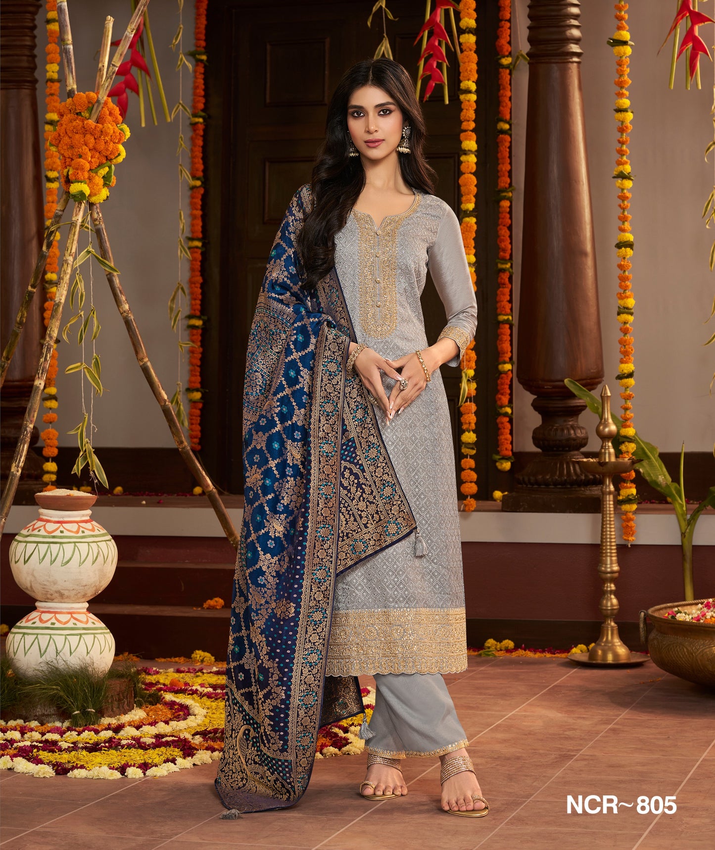 Elegant Grey Jacquard Salwar Kameez with Royal Blue Banarasi Dupatta – Festive Ethnic Suit Set for Women