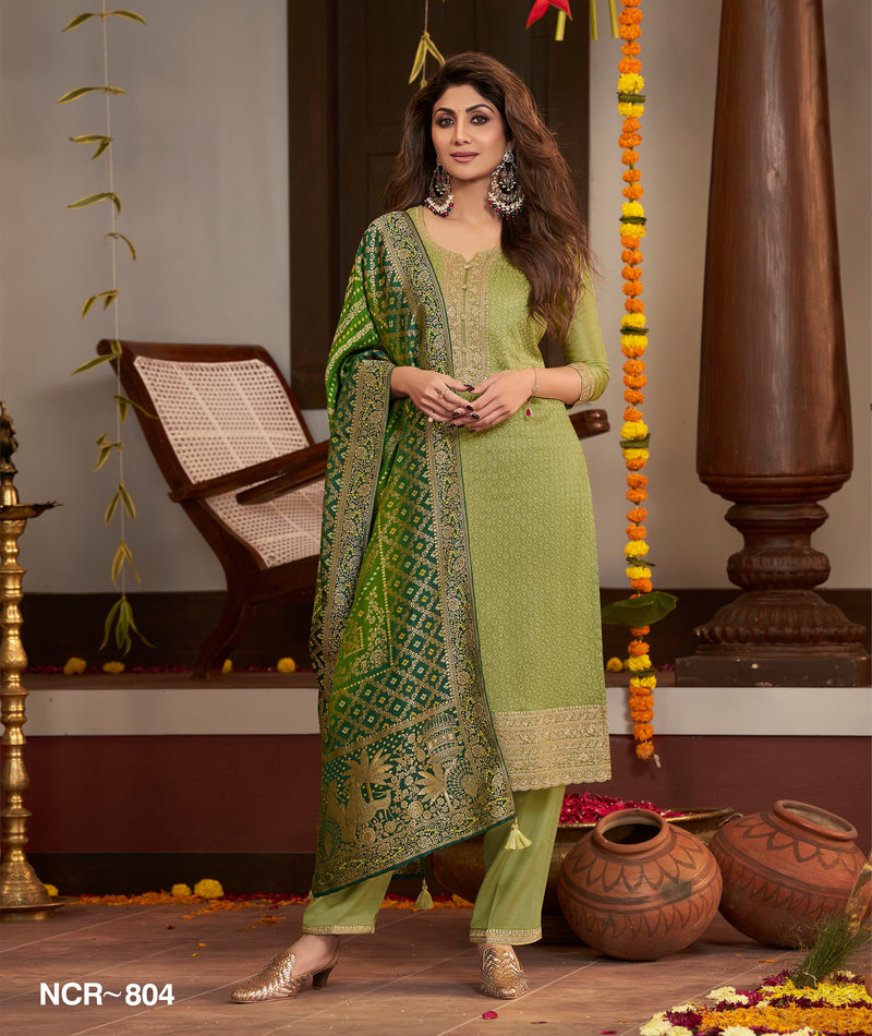 Pista Green Jacquard Salwar Kameez with Dark Green Banarasi Dupatta – Festive Ethnic Suit Set for Women