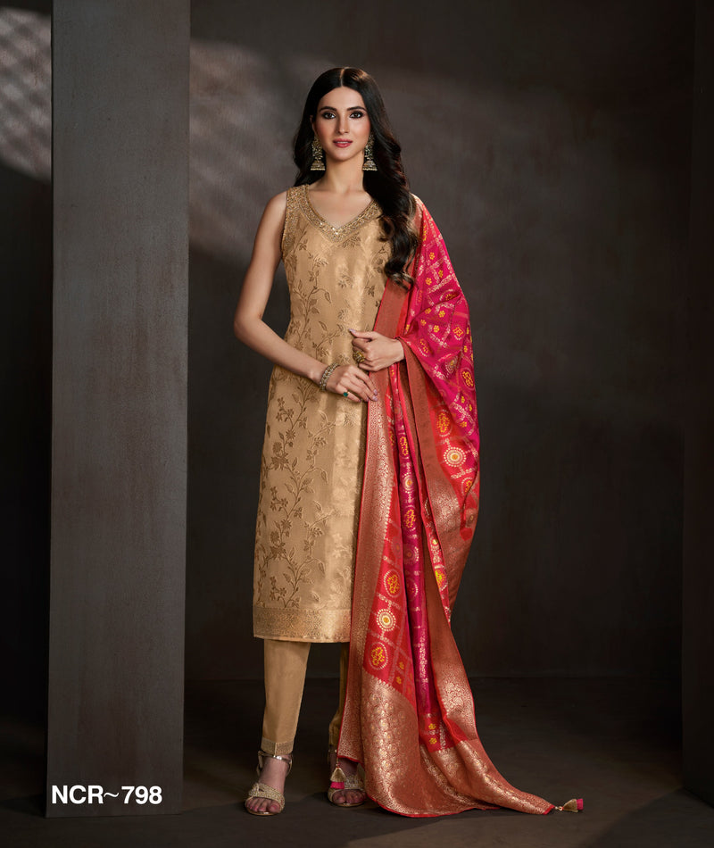 Golden Jacquard Salwar Kameez with Red Banarasi Dupatta – Festive Ethnic Suit Set for Women