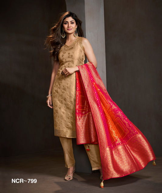 Golden Beige Jacquard Salwar Suit with Red Banarasi Dupatta – Festive & Wedding Wear Ethnic Suit for Women