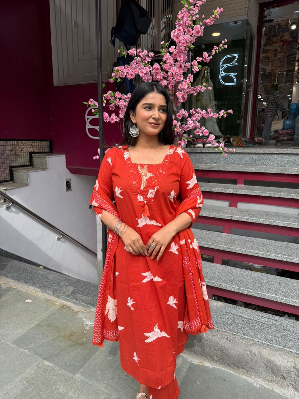 Women Red Bird Print Straight Kurta Set with Dupatta | Casual Ethnic Wear