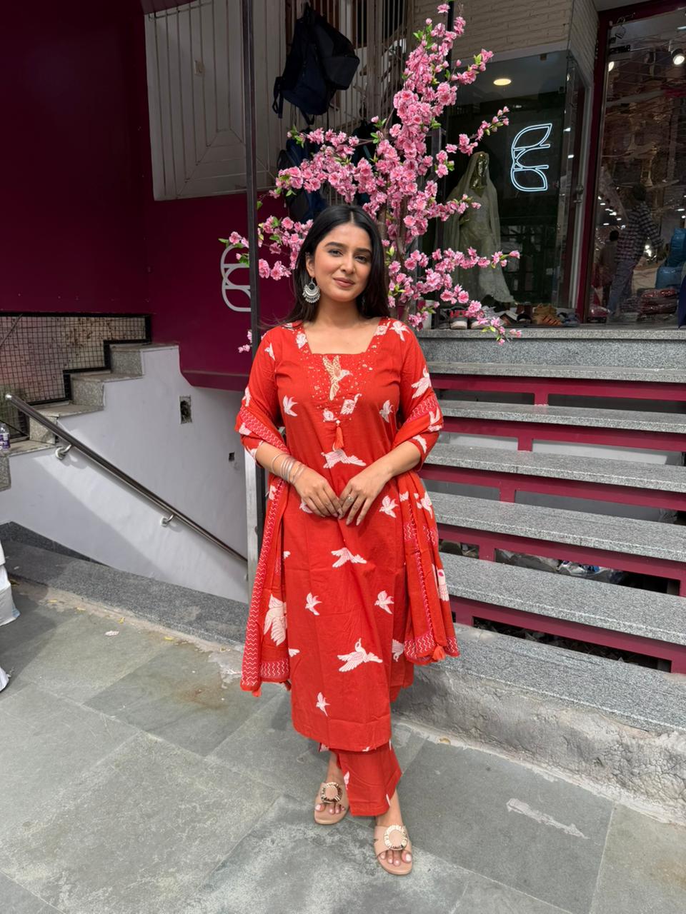 Women Red Bird Print Straight Kurta Set with Dupatta | Casual Ethnic Wear