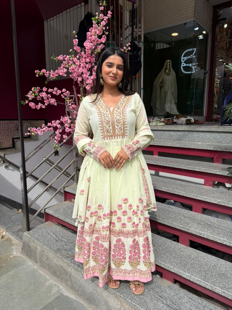 Women Pastel Pista Green Floral Anarkali Kurta Set | Elegant Festive Wear