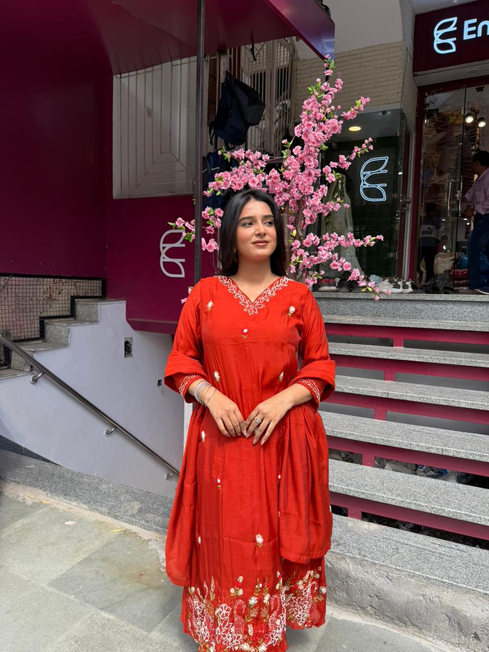 Women Red Embroidered A-Line Kurta Set with Dupatta | Festive Ethnic Wear