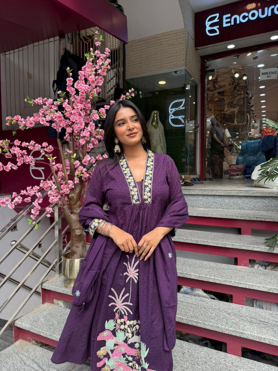 Women Deep Purple Embroidered Kurta Set with Dupatta | Elegant Ethnic Wear