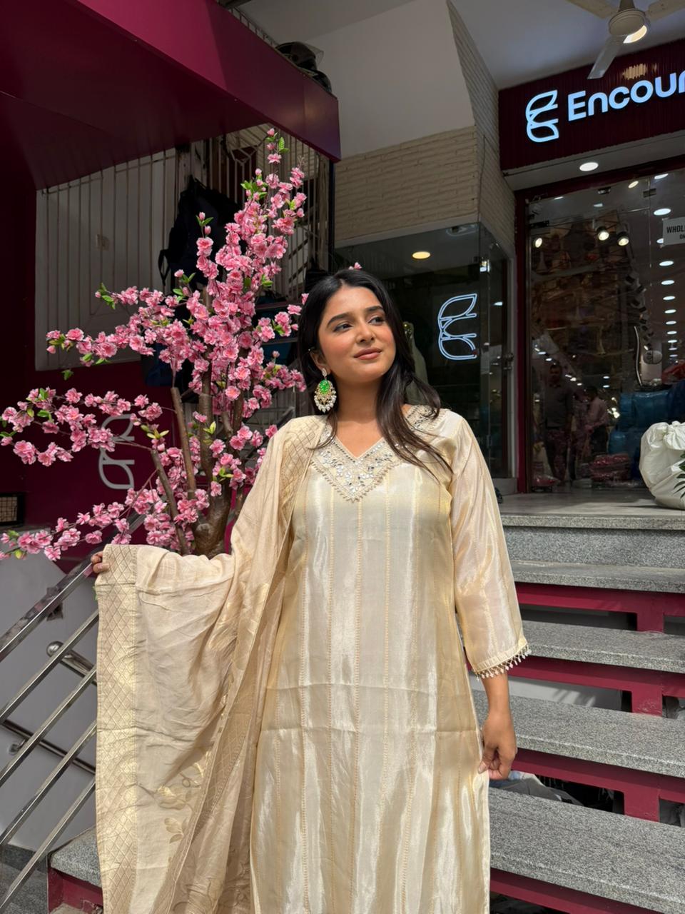 Women Champagne Gold Embroidered Kurta Set with Dupatta | Elegant Festive Wear