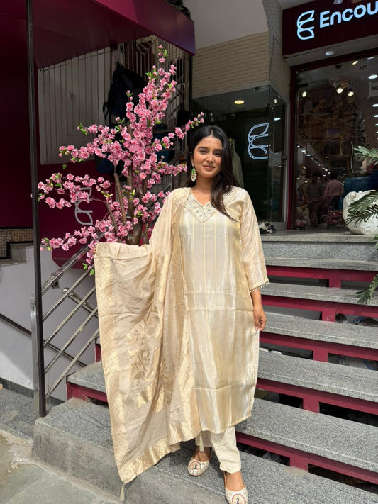 Women Champagne Gold Embroidered Kurta Set with Dupatta | Elegant Festive Wear