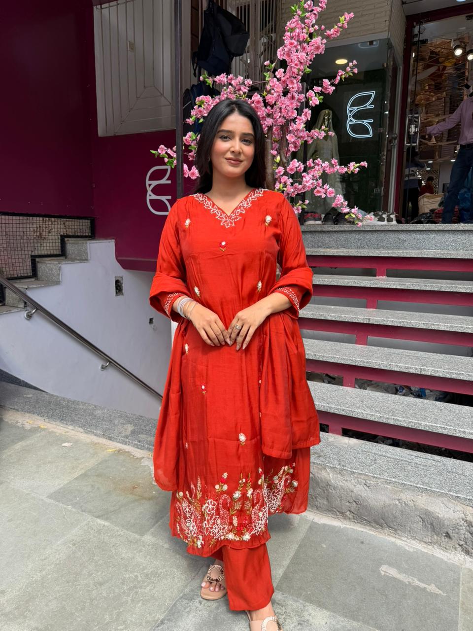 Women Red Embroidered A-Line Kurta Set with Dupatta | Festive Ethnic Wear