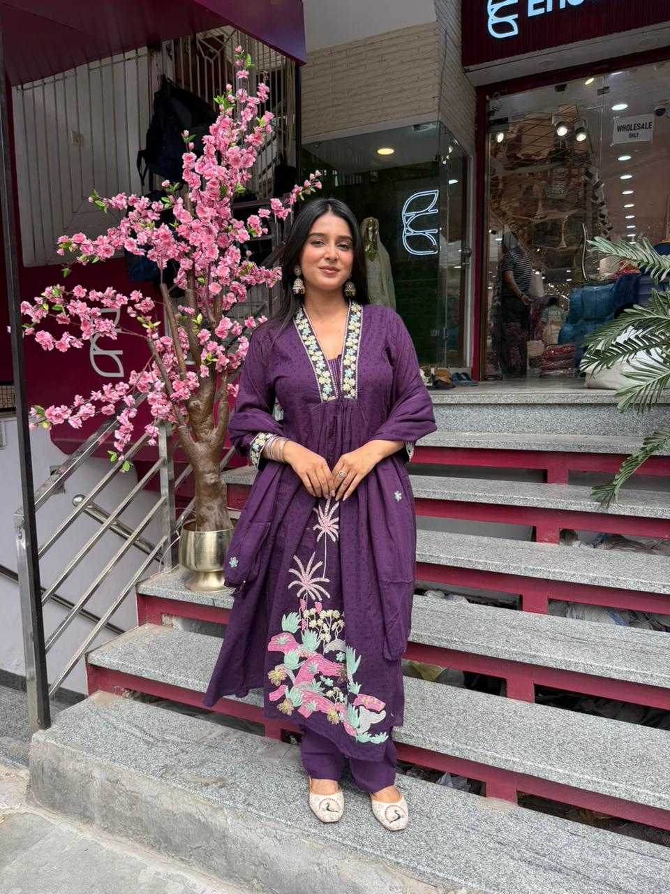 Women Deep Purple Embroidered Kurta Set with Dupatta | Elegant Ethnic Wear