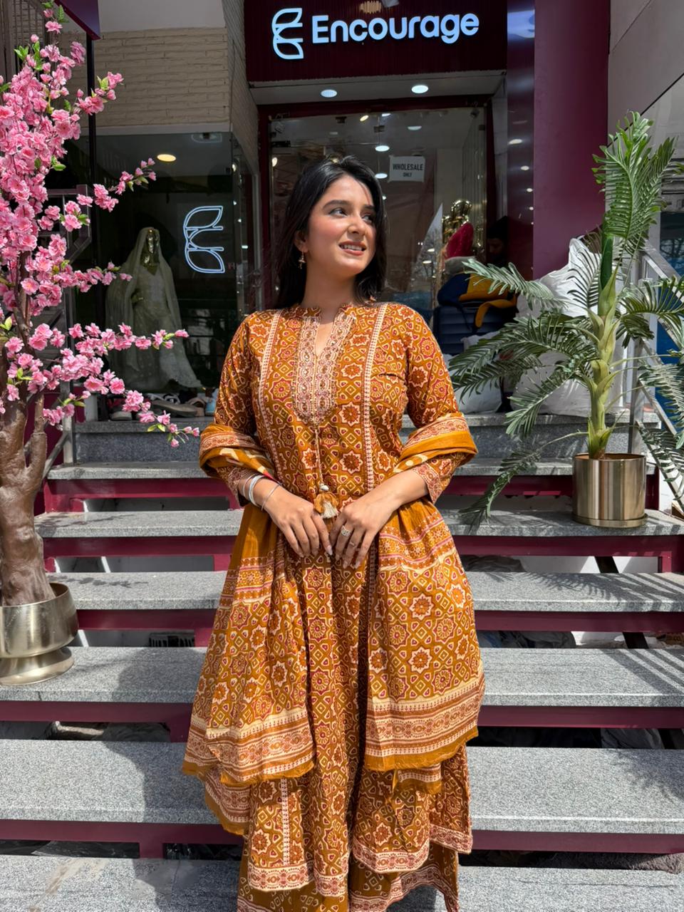 Women Mustard Printed Kurti Sharara Set with Dupatta | Festive Ethnic Wear