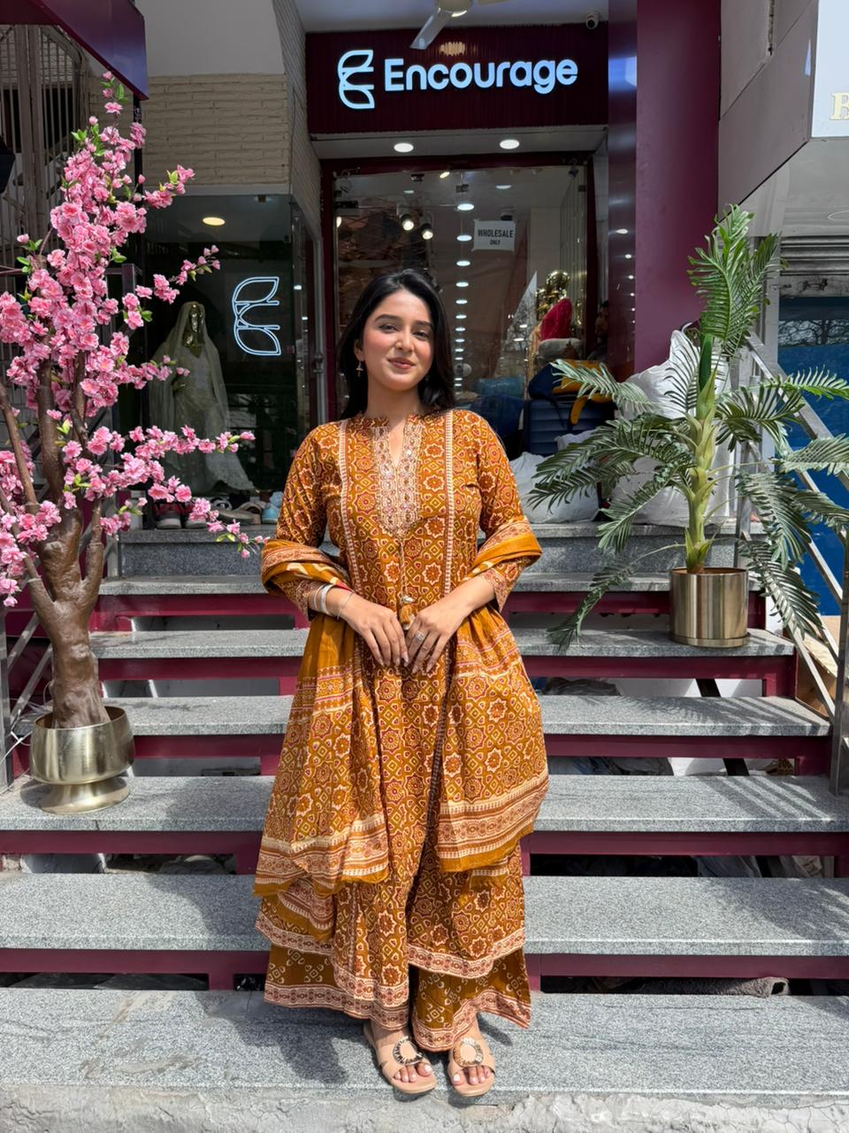 Women Mustard Printed Kurti Sharara Set with Dupatta | Festive Ethnic Wear