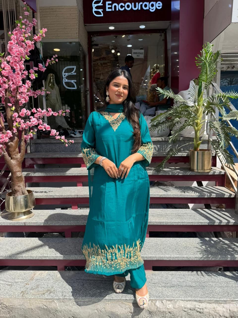 Teal Green Embroidered Kurta Pant Set with Dupatta for Women | Festive Ethnic Wear