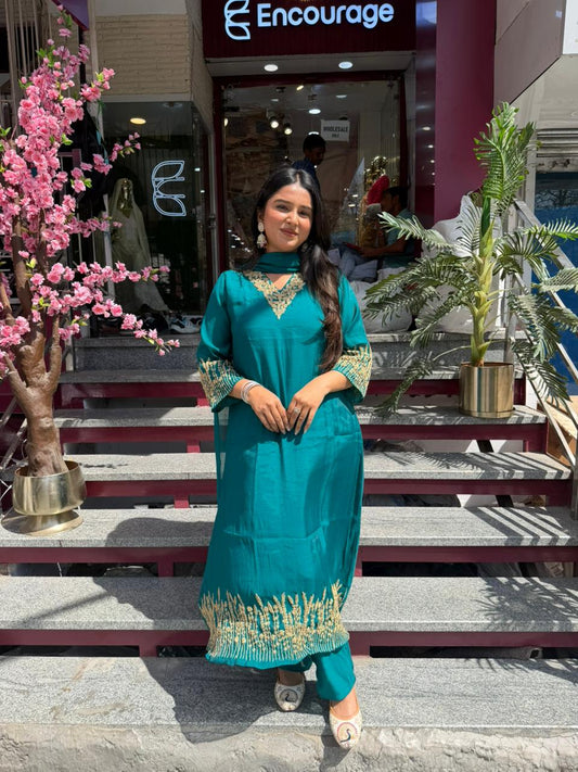 Teal Green Embroidered Kurta Pant Set with Dupatta for Women | Festive Ethnic Wear