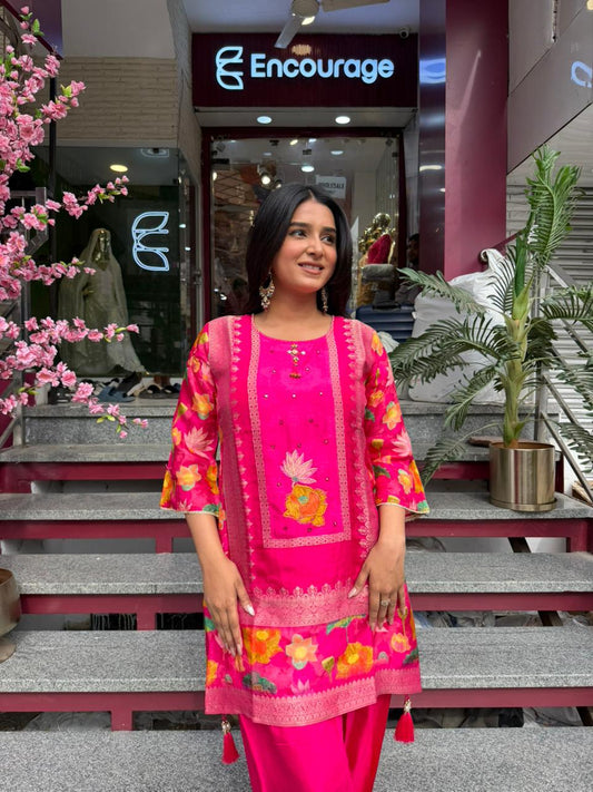 Rani Pink Floral Printed Kurta Pant Set with Dupatta for Women | Festive & Casual Ethnic Wear
