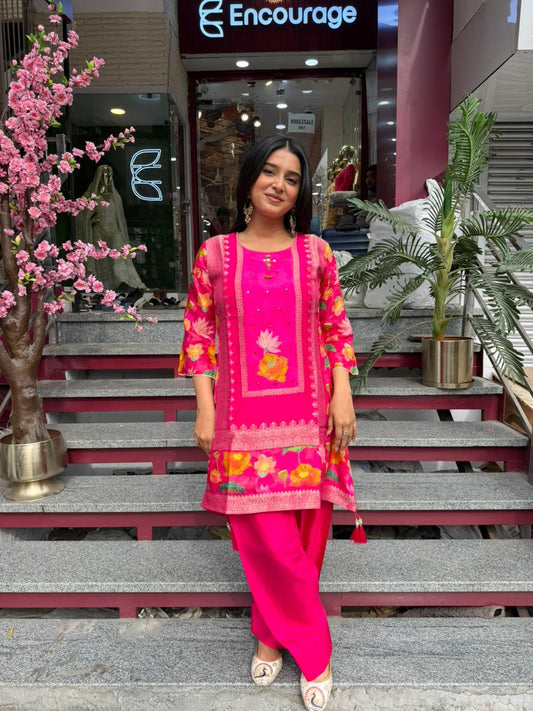 Rani Pink Floral Printed Kurta Pant Set with Dupatta for Women | Festive & Casual Ethnic Wear