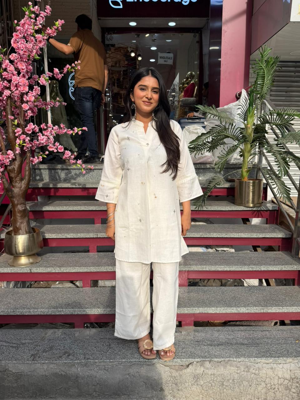 Off White Minimal Embroidered Kurta Pant Set for Women | Cotton Summer Ethnic Wear