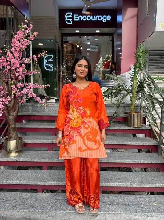 Orange Printed Kurta Palazzo Set for Women | Indo-Western Co-ord Ethnic Outfit