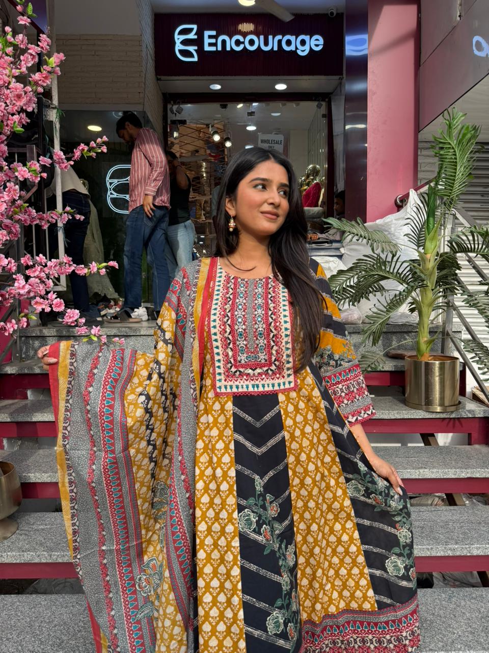 Mustard Yellow & Black Printed Kurta Pant Set with Dupatta for Women | Ethnic Boho Kurti Set
