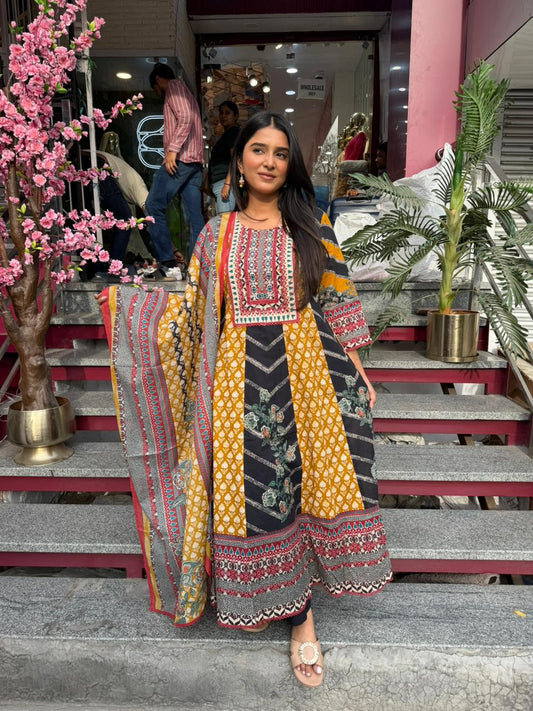 Mustard Yellow & Black Printed Kurta Pant Set with Dupatta for Women | Ethnic Boho Kurti Set