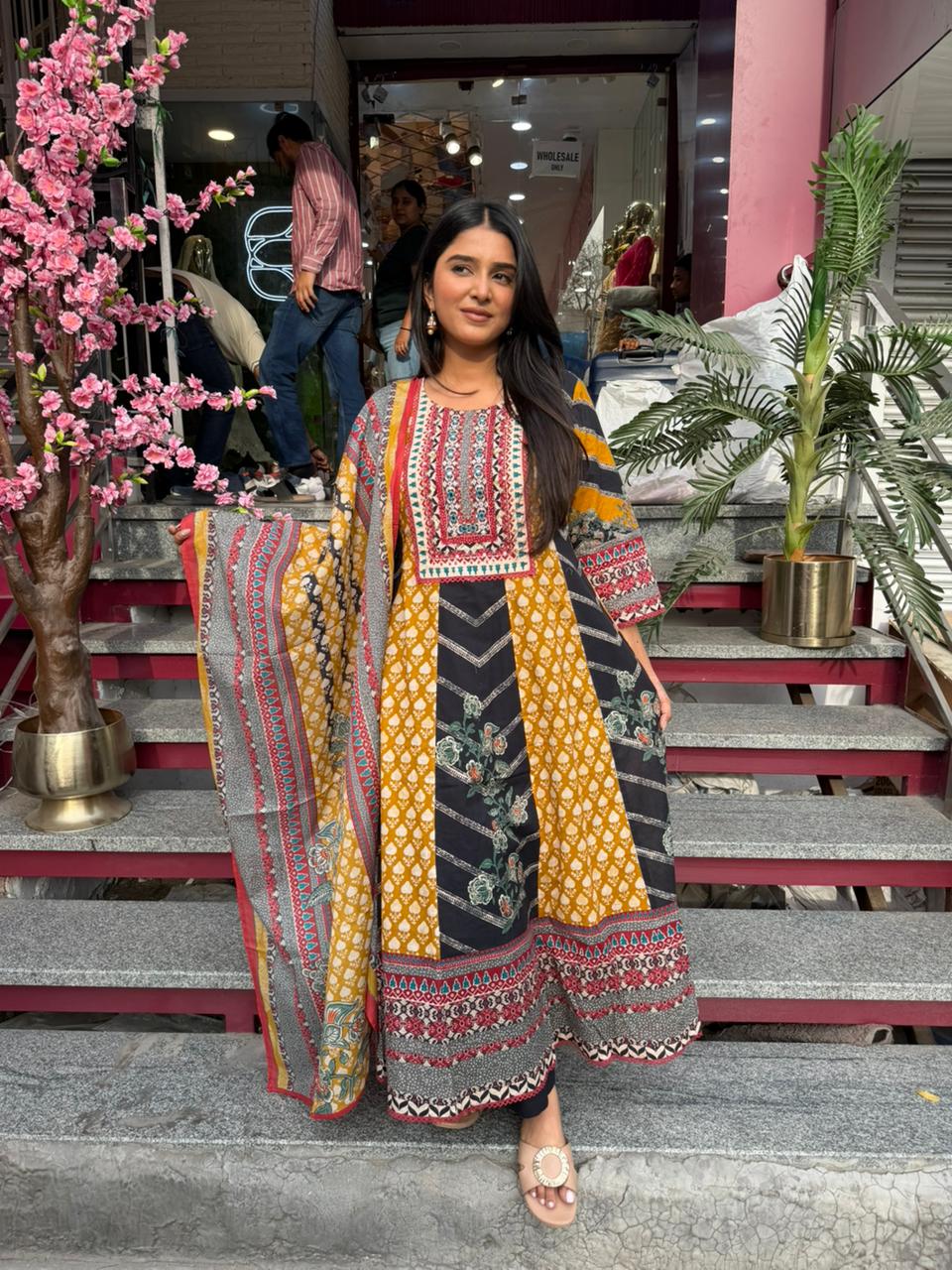 Mustard Yellow & Black Printed Kurta Pant Set with Dupatta for Women | Ethnic Boho Kurti Set