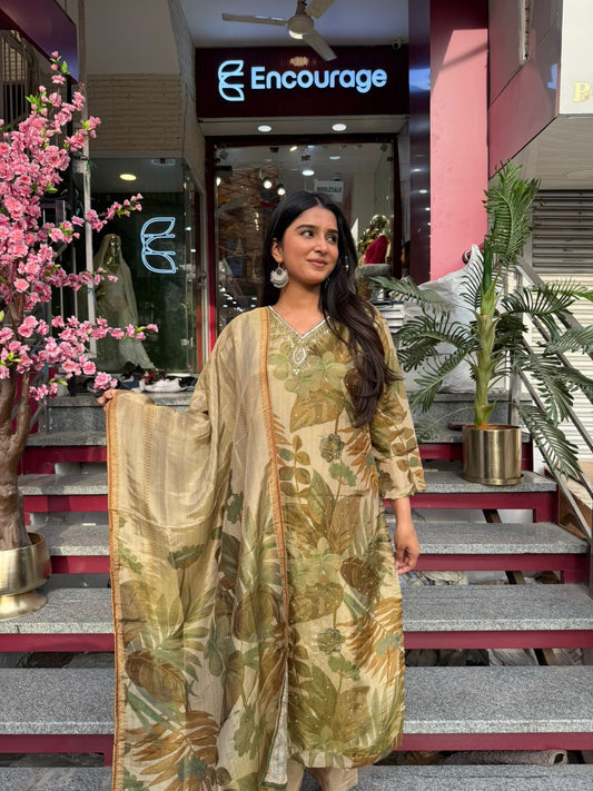 Olive Green Botanical Printed Kurta Set with Dupatta for Women