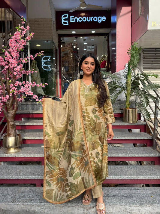 Olive Green Botanical Printed Kurta Set with Dupatta for Women