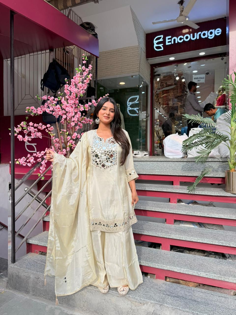 Champagne Gold Mirror Work Kurta Set with Palazzo & Dupatta for Women