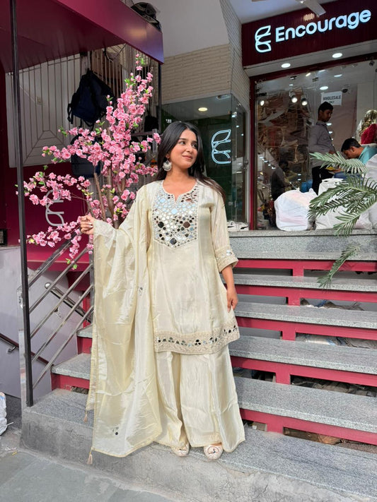 Champagne Gold Mirror Work Kurta Set with Palazzo & Dupatta for Women