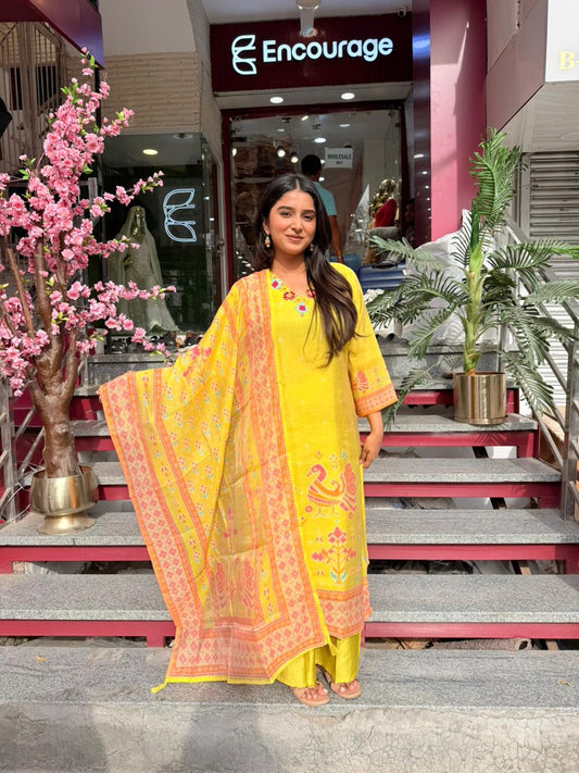 Bright Yellow Peacock Printed Kurta Set with Dupatta for Women