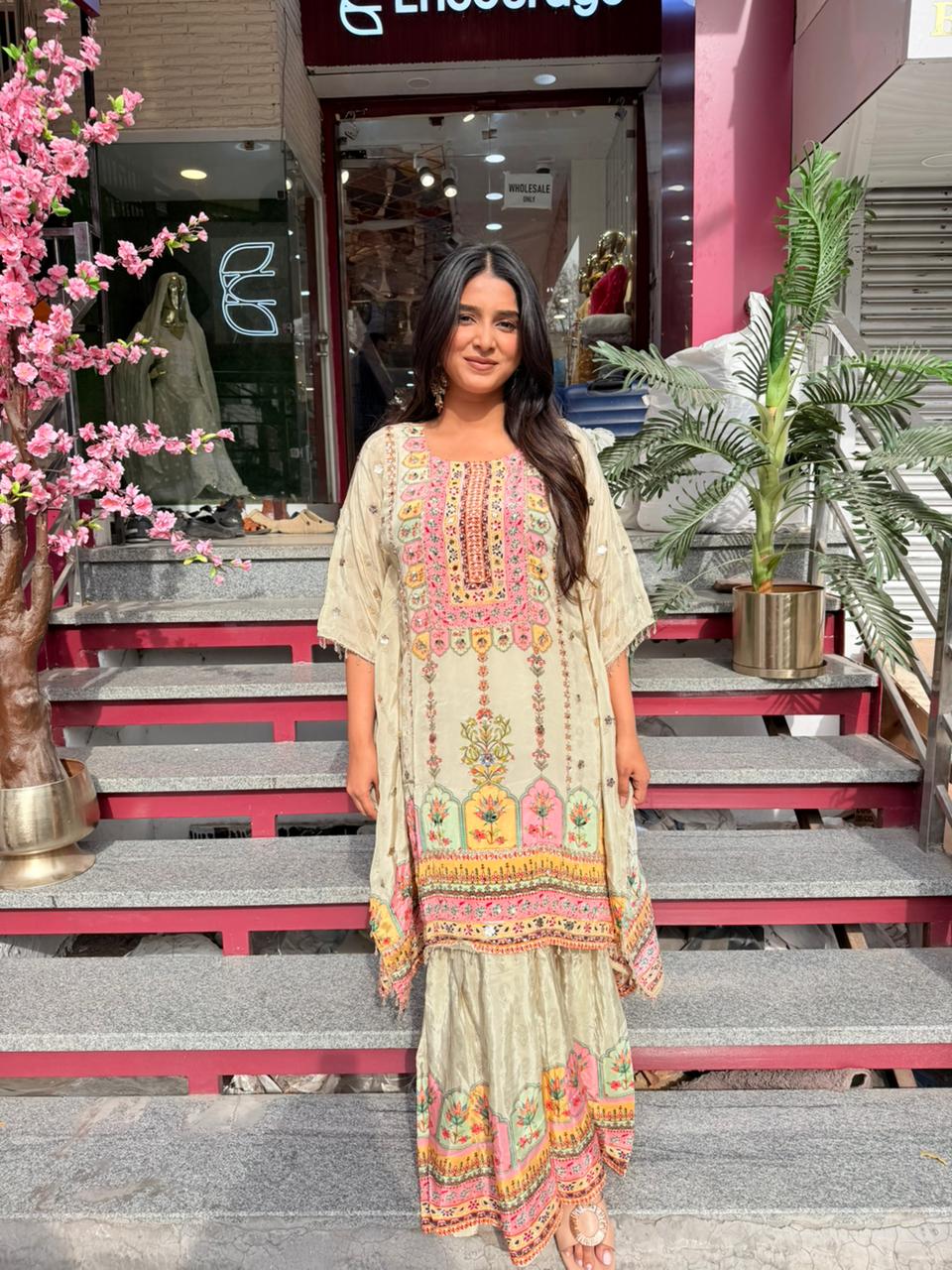 Pastel Olive Printed Kurta Set with Sharara & Dupatta for Women