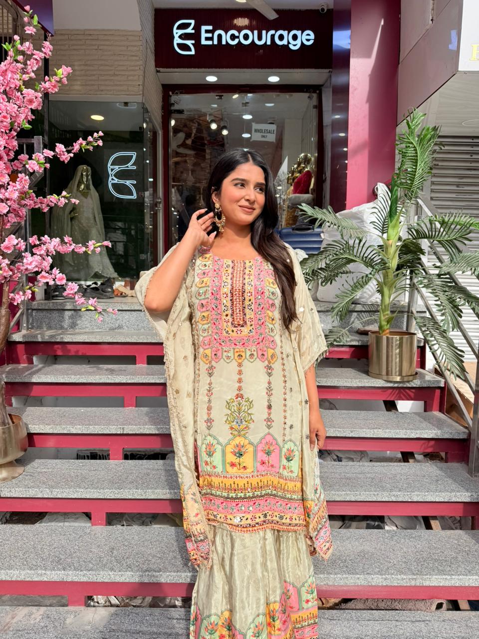 Pastel Olive Printed Kurta Set with Sharara & Dupatta for Women