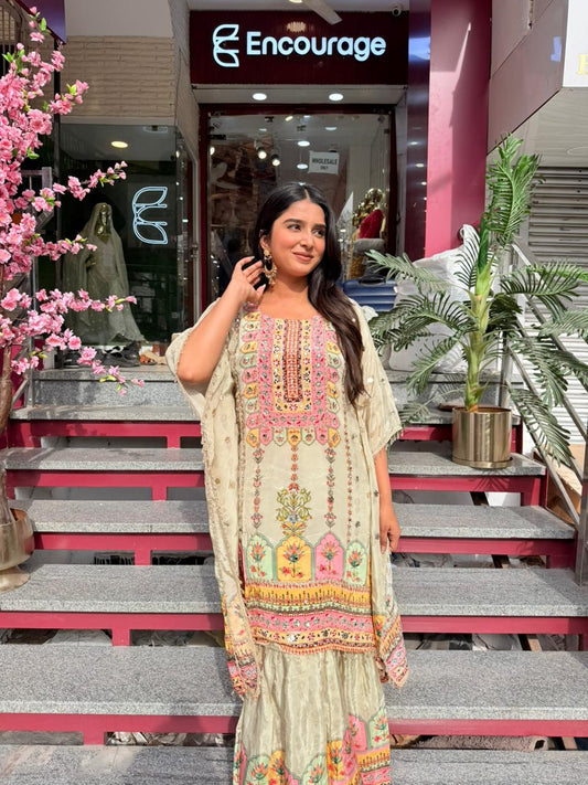 Pastel Olive Printed Kurta Set with Sharara & Dupatta for Women
