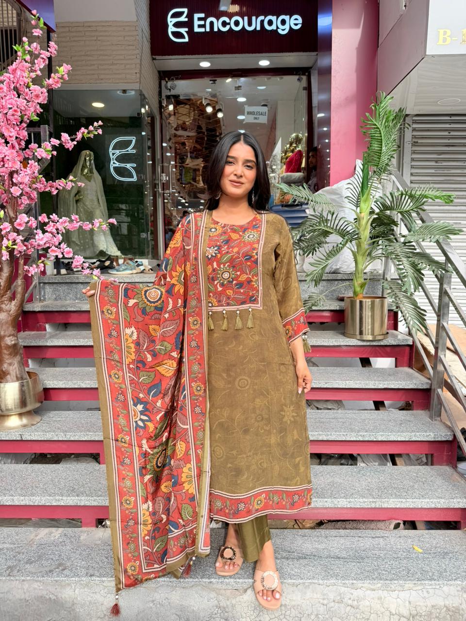 Olive Green Floral Printed Kurta Set with Dupatta for Women | Ethnic Wear
