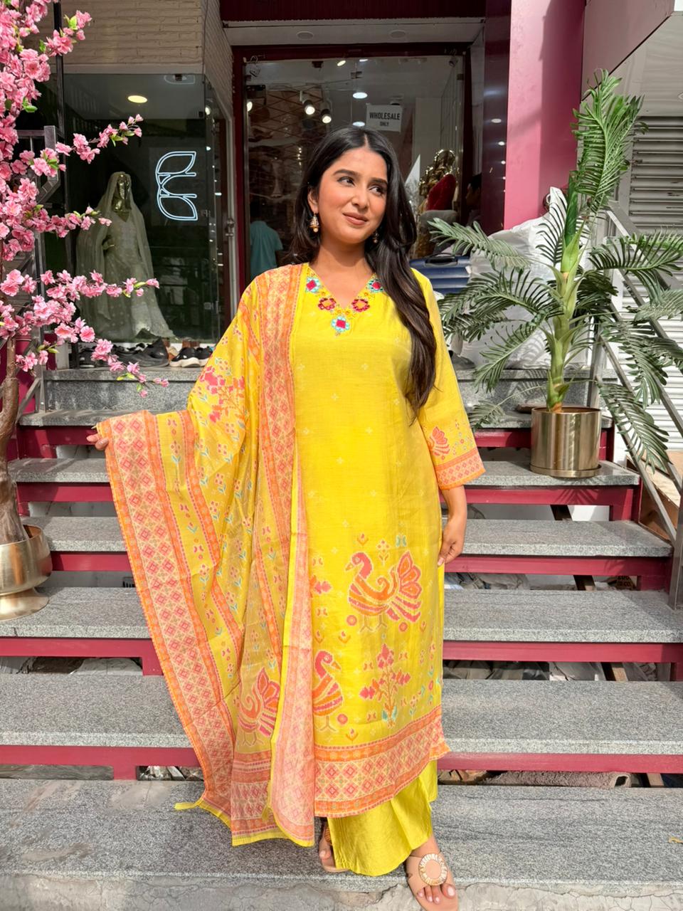 Bright Yellow Peacock Printed Kurta Set with Dupatta for Women