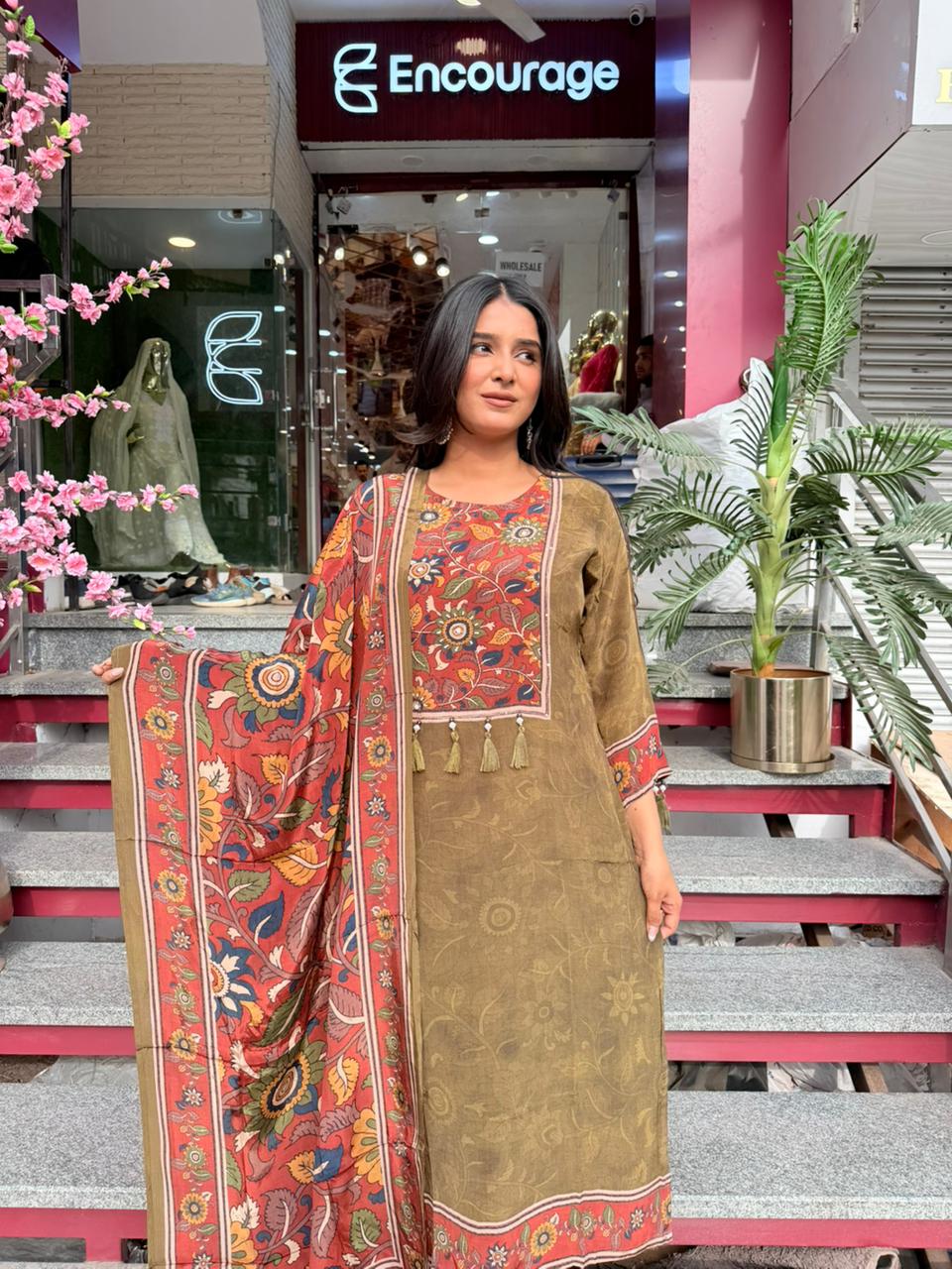 Olive Green Floral Printed Kurta Set with Dupatta for Women | Ethnic Wear