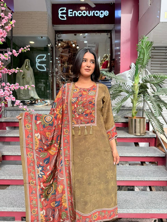 Olive Green Floral Printed Kurta Set with Dupatta for Women | Ethnic Wear