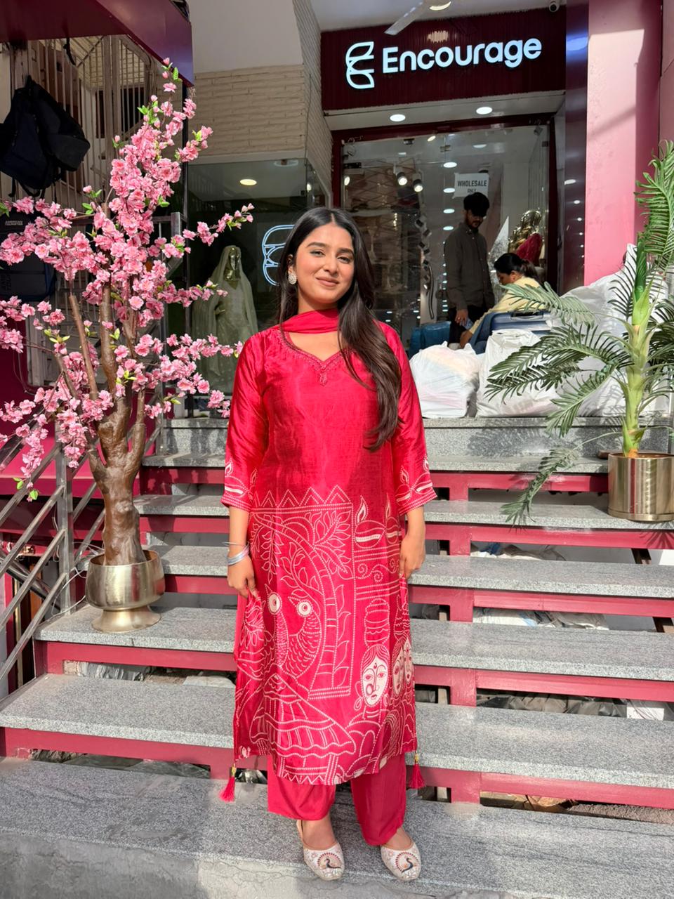 Red Printed Cotton Kurta Set with Dupatta for Women | Ethnic Casual Wear
