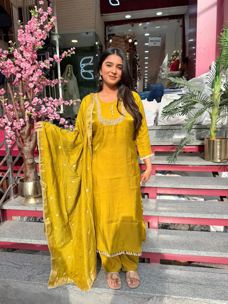 Mustard Yellow Solid Kurta Set with Dupatta for Women | Festive Ethnic Wear