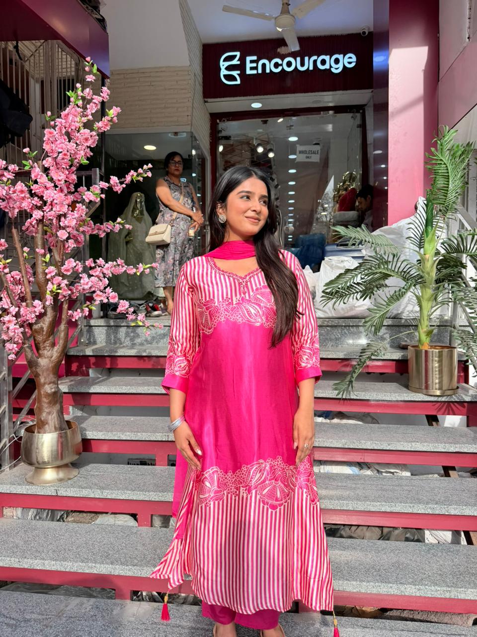 Pink Striped Embroidered Kurta Set with Dupatta for Women | Elegant Ethnic Wear
