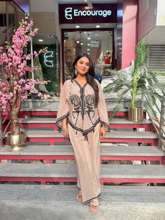 Beige Printed Kaftan Co-ord Set for Women | Indo-Western Lounge Wear Set