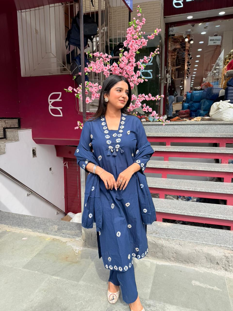 Women Navy Blue Printed Cotton Kurta Set with Pant | Ethnic Casual Wear