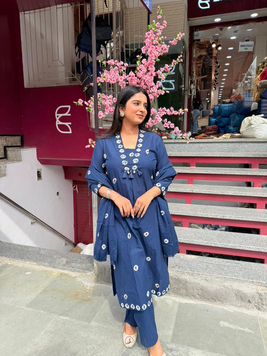 Women Navy Blue Printed Cotton Kurta Set with Pant | Ethnic Casual Wear