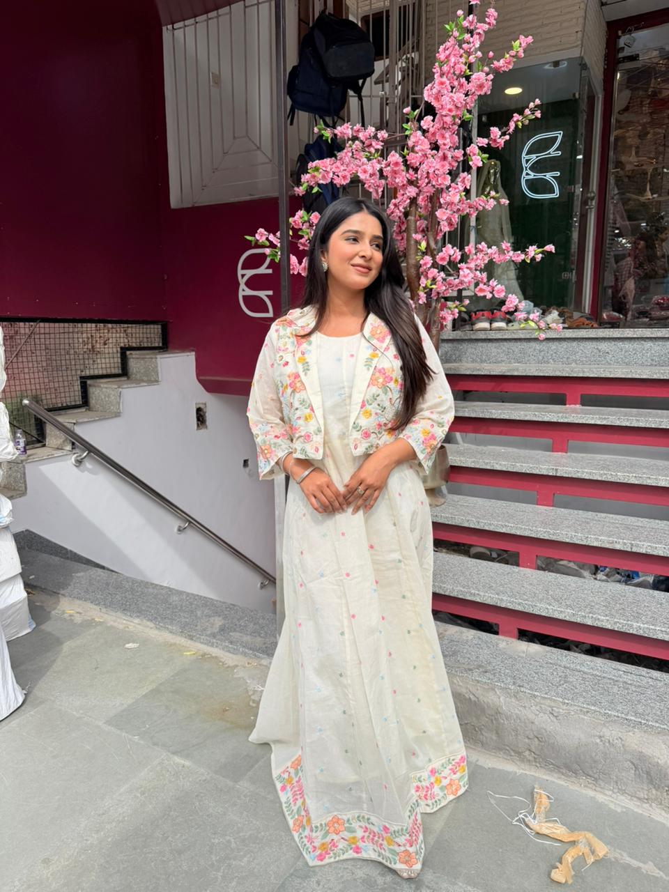 Women Off White Floral Dress with Embroidered Jacket | Ethnic Festive Wear