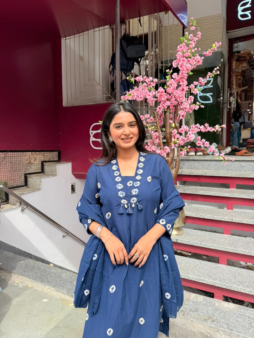 Women Navy Blue Printed Cotton Kurta Set with Pant | Ethnic Casual Wear