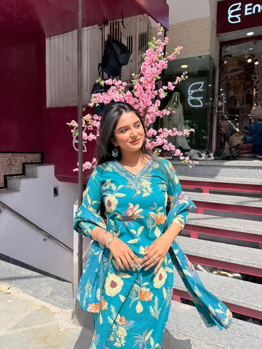 Women Teal Green Floral Printed Kurta Set with Dupatta | Ethnic Casual Wear