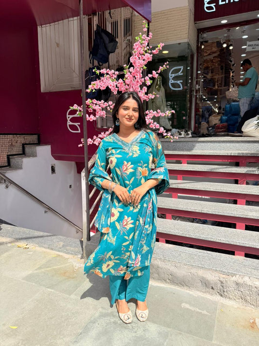Women Teal Green Floral Printed Kurta Set with Dupatta | Ethnic Casual Wear