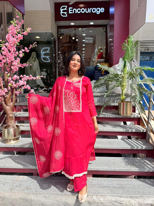 Women Rani Pink Embroidered Kurta Set with Dupatta | Festive Ethnic Wear